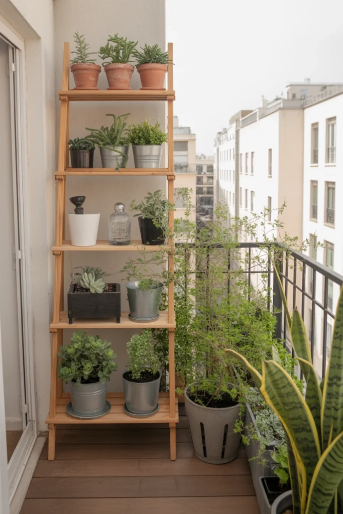 Balcony Garden With Ladder Shelves