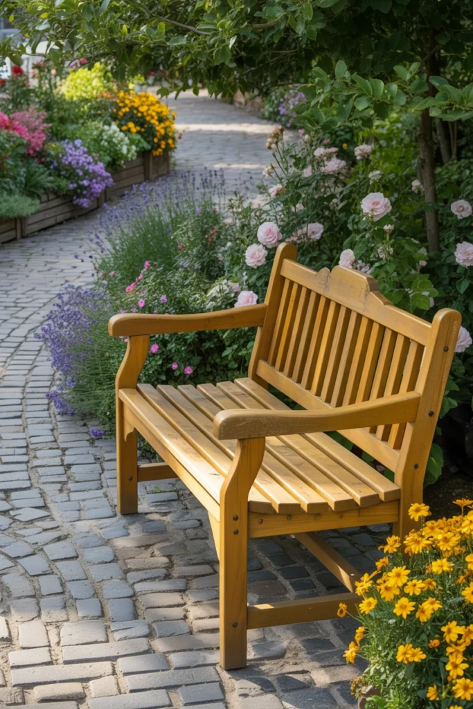 Garden Bench Along a Pathway