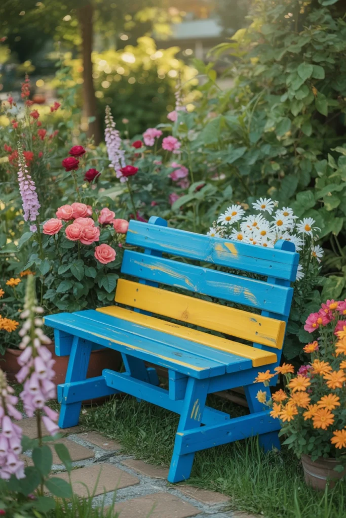 Painted Colorful Garden Bench