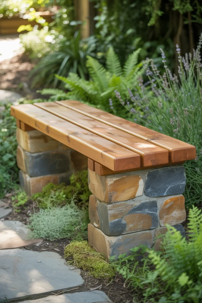Stone and Wood Garden Bench