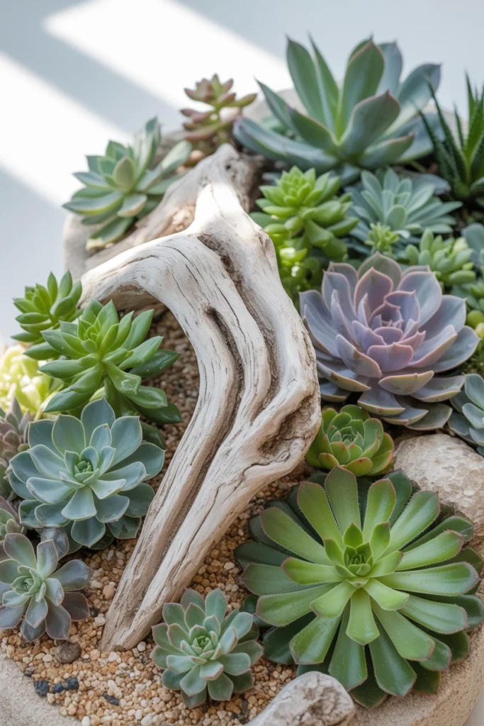 Succulent Garden With Driftwood