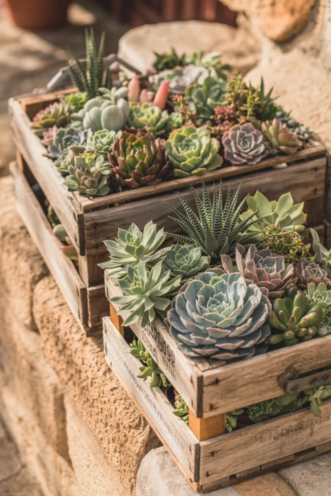 Succulent Garden in Wooden Crates