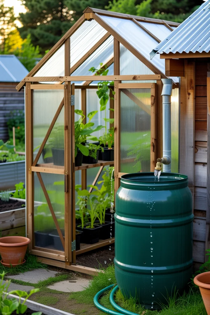 Backyard Greenhouse With Rain Barrel