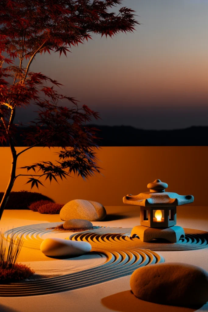 Evening Zen Garden With Soft Lighting